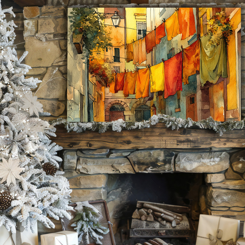 Thanksgiving-themed Mediterranean alley canvas for laundry room decor, rustic stones, fluttering linens, and a cozy fall mood