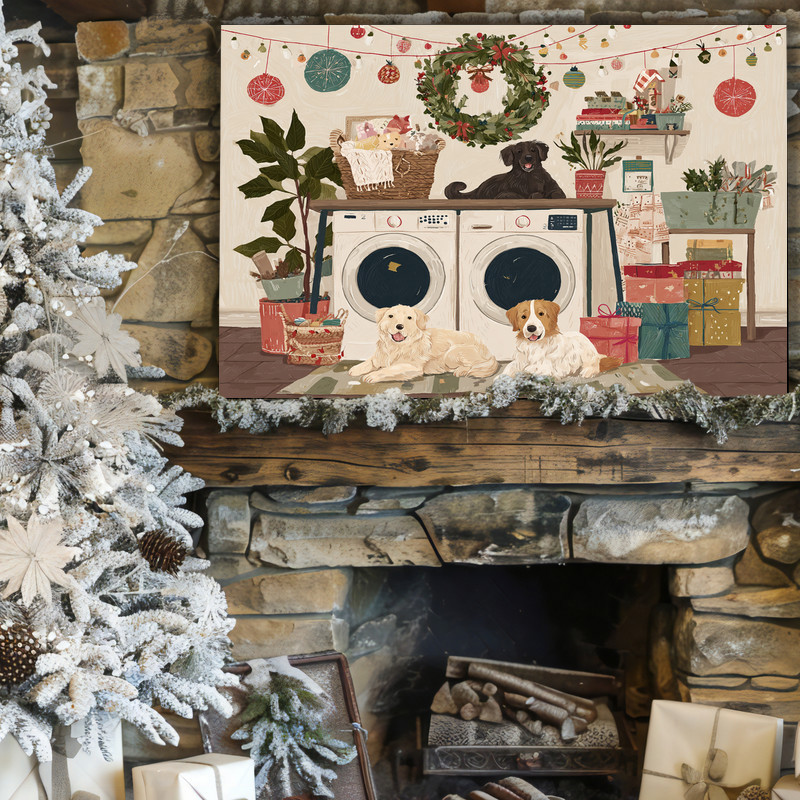 Cozy Christmas theme canvas wall art for laundry room, navy backdrop with snowflakes, folded towels and star garland portrait