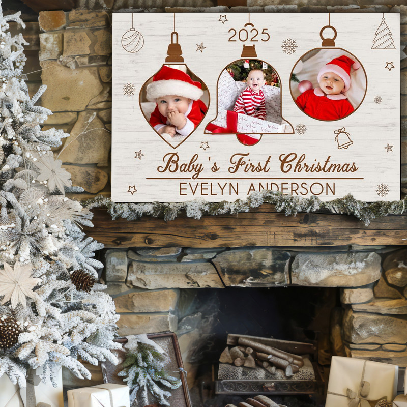 Baby’s First Christmas canvas customized with baby’s name and year, navy night sky and twinkling stars, script, portrait
