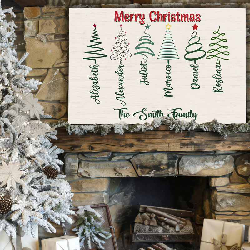 Christmas tree personalized family names canvas wall art in rustic script, ideal decor for living room, entryway, or mantel