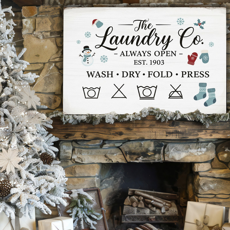 Vintage Christmas laundry room canvas wall art, farmhouse script with red and green text, pins and socks garland, square