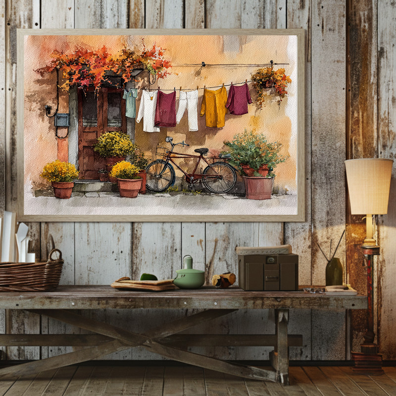 Thanksgiving laundry room watercolor canvas wall art, neutral beige background, pumpkins and garland, square format, cozy farmhouse style
