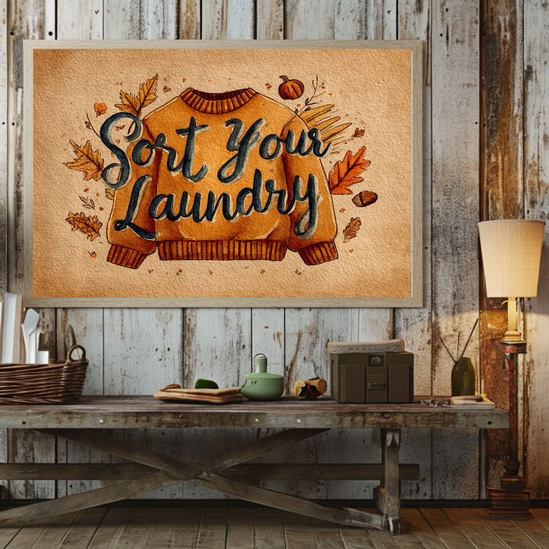 Autumn watercolor canvas art for Thanksgiving laundry room decor, pumpkins with eucalyptus, plaid backdrop, square format