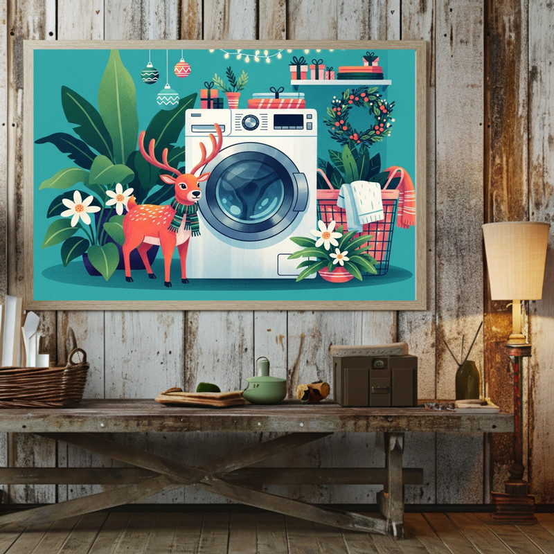 Christmas reindeer canvas wall art on neutral gray with gold-toned accents for laundry room decor, slim vertical orientation