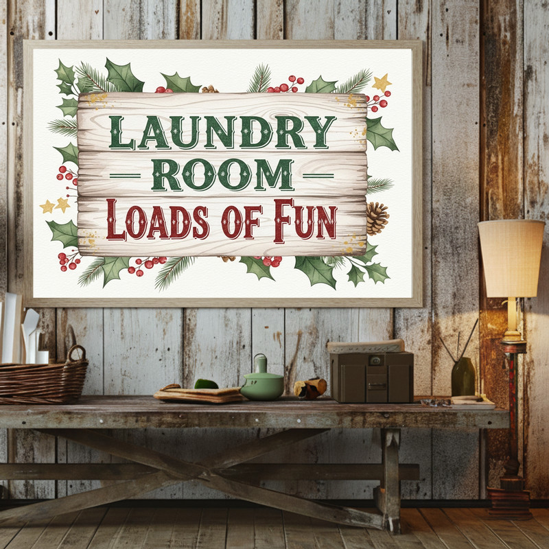 Cozy Christmas laundry room canvas wall art with playful holiday graphics and rustic details, winter decor for laundry Cozy Christmas laundry room canvas wall art with playful holiday graphics and rustic details, winter decor for laundry