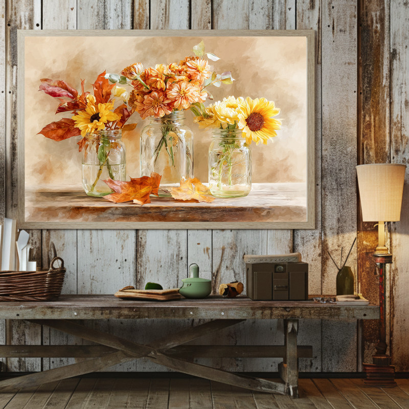 Thanksgiving floral watercolor canvas wall art, rustic jars with fall stems and foliage, neutral look for laundry room decor