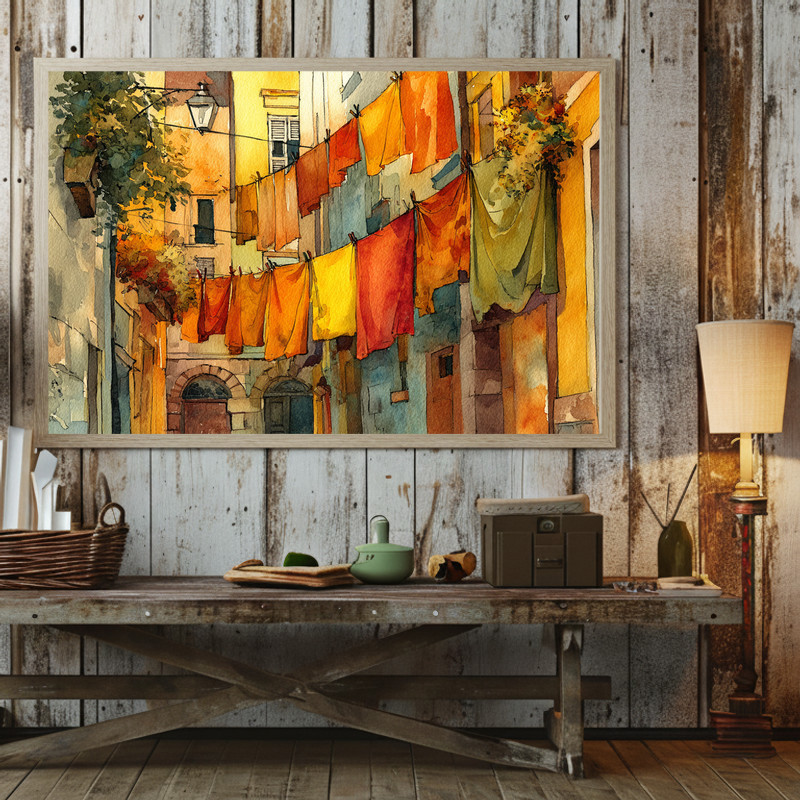 Thanksgiving Mediterranean alley canvas wall art for laundry room, clothesline drying clothes between homes, harvest light
