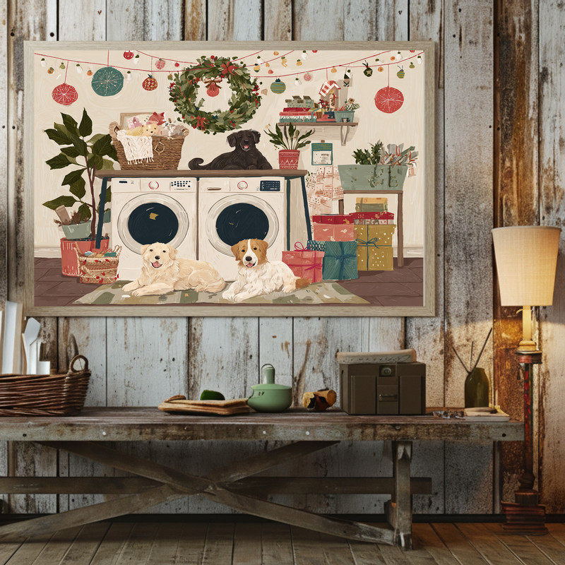 Cozy Christmas theme canvas wall art for laundry room, vintage laundromat typography with red green accents, square format