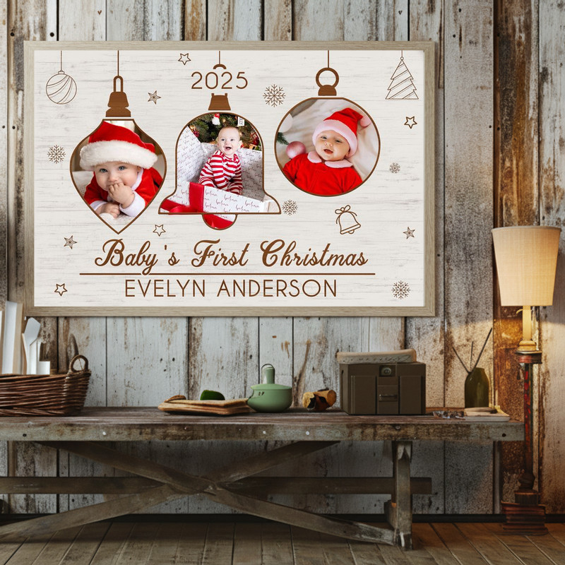 Baby’s First Christmas canvas, custom name and date inside holly wreath, traditional green and gold, landscape mantel decor