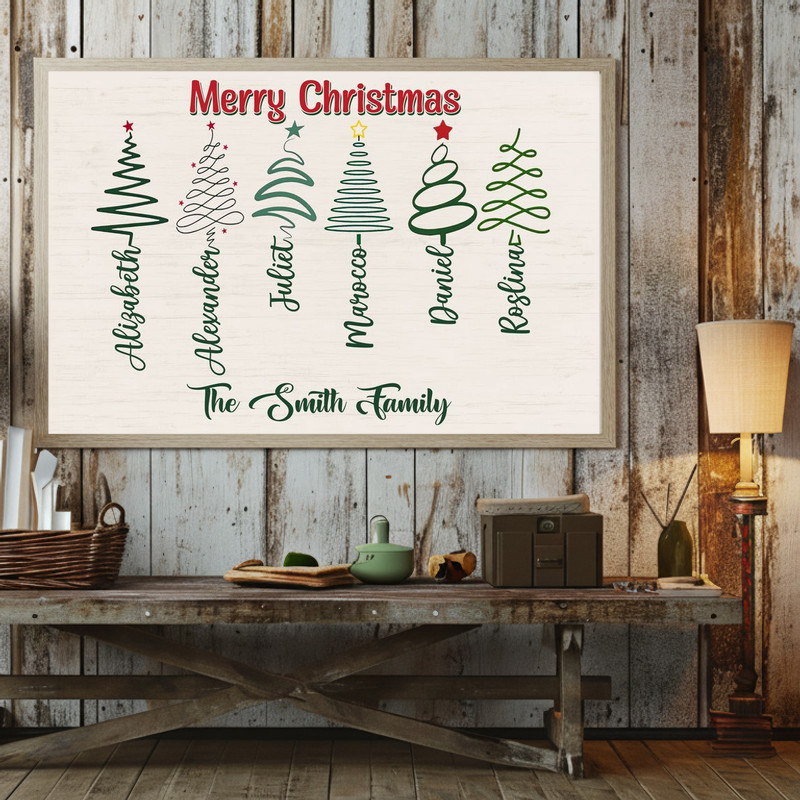 Rustic farmhouse Christmas tree family names canvas wall art, custom cursive names forming the tree, landscape print