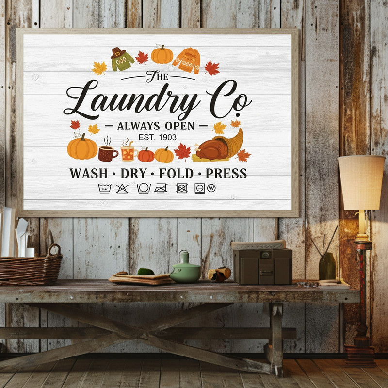 Vintage autumn canvas wall art for laundry room, farmhouse fall style, cozy seasonal accent and thoughtful housewarming gift
