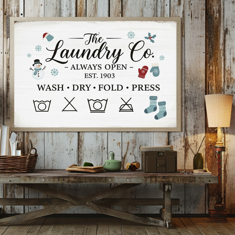 Vintage Christmas laundry room canvas wall art in neutral farmhouse palette with snowflakes and wreath, landscape