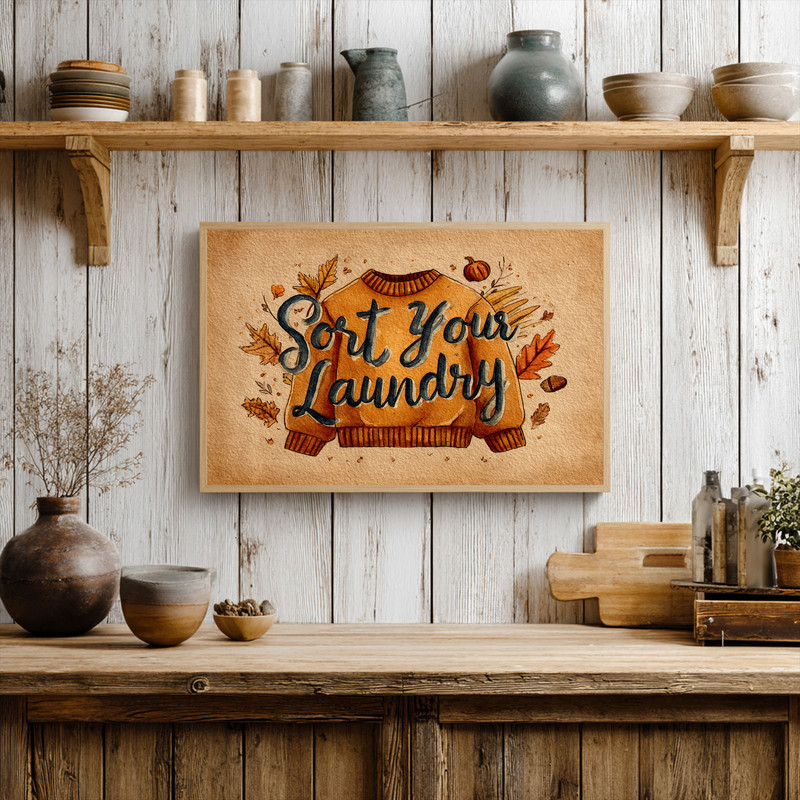 Autumn watercolor canvas art for Thanksgiving laundry room decor, washer and detergent icons, rustic farmhouse, landscape