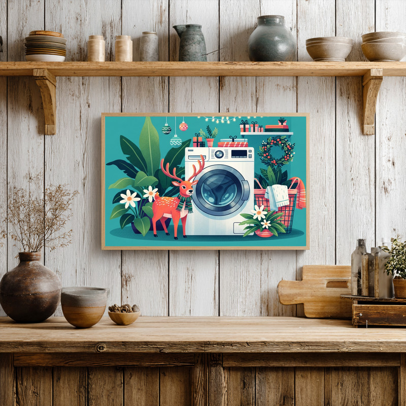 Christmas reindeer canvas wall art in black and white minimalist style, typography for laundry room decor, square format