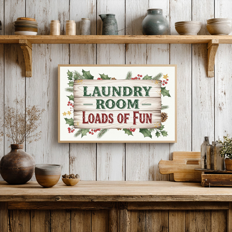 Cozy Christmas laundry room canvas wall art with farmhouse lettering and wreath accents, rustic touch for laundry room Cozy Christmas laundry room canvas wall art with farmhouse lettering and wreath accents, rustic touch for laundry room