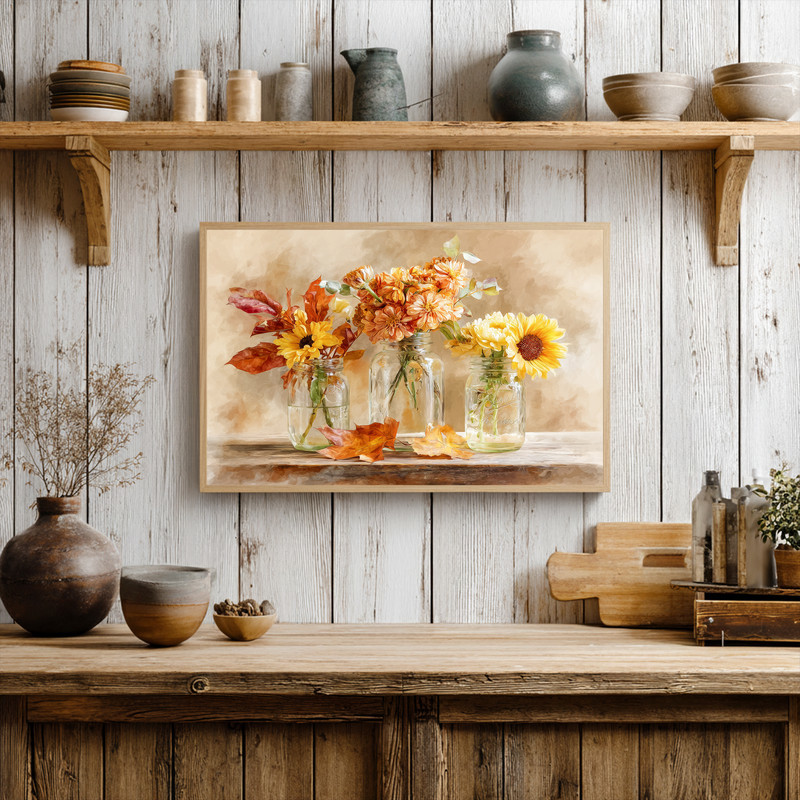 Thanksgiving floral watercolor canvas wall art with rustic glass jars and a muted fall palette for cozy laundry room decor