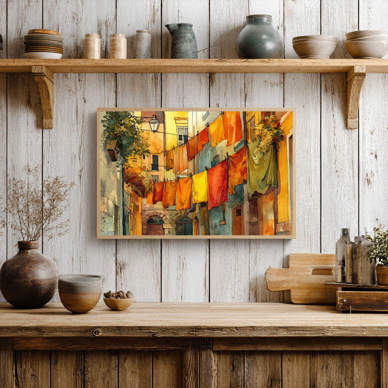 Thanksgiving laundry room canvas wall art featuring a Mediterranean alley, sun-warmed stone, drying clothes, and harvest hues