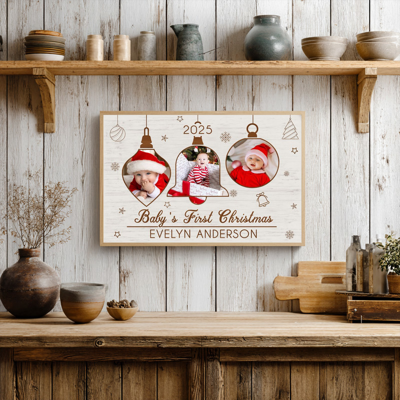 Baby’s First Christmas canvas personalized with name and year, neutral boho rainbow, beige, portrait nursery art