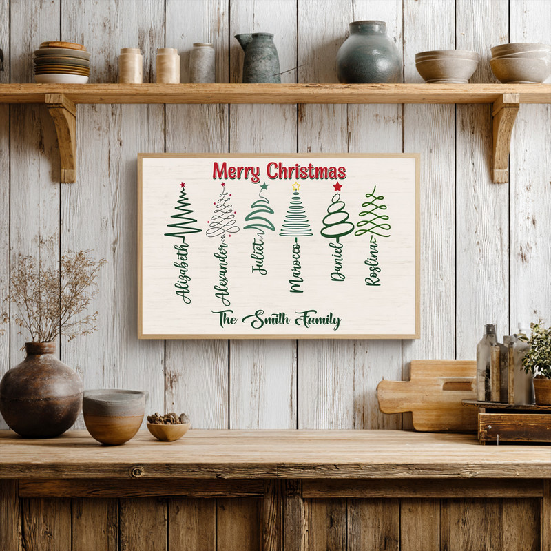 Christmas tree wall art canvas featuring cursive family names in a rustic farmhouse style, personalized black script on white