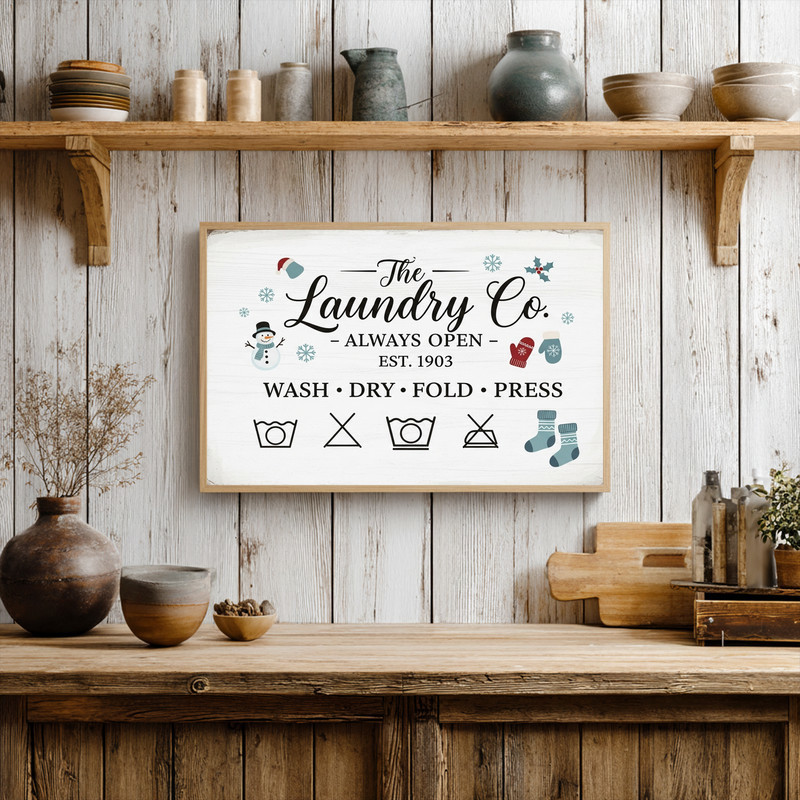 Vintage Christmas laundry room canvas wall art, farmhouse with galvanized wash tub, wreath and script, square canvas