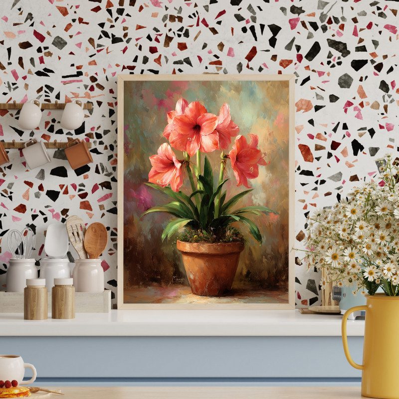 Amaryllis In Terracotta Pot, Rustic Oil Painting Canvas Wall Art