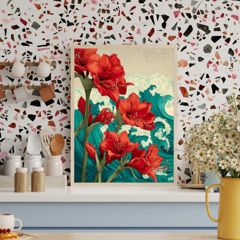 Amaryllis & Ocean Waves, Japanese-Inspired Floral Art Canvas Wall Art