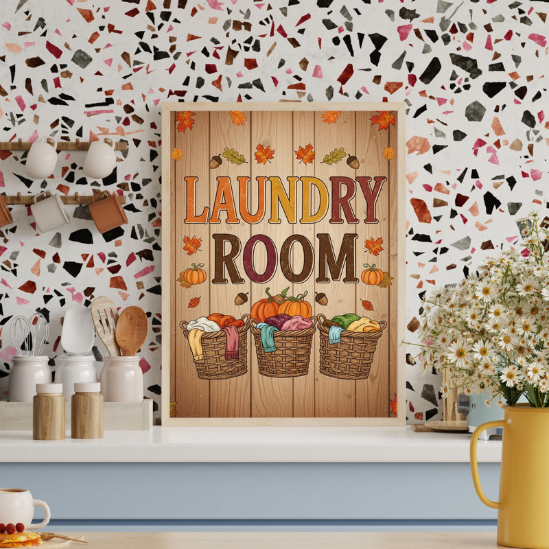 Autumn Harvest Laundry Room – Rustic Baskets, Pumpkins & Leaves, Farmhouse Laundry Room Decor Canvas Wall Art