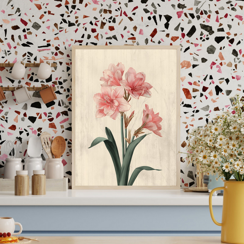 Blush Pink Amaryllis I, Minimal Botanical Illustration Canvas Wall Art