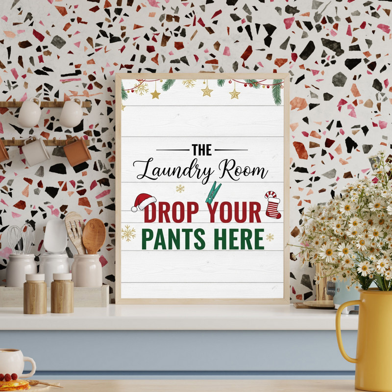 Christmas Laundry Room Decor – Drop Your Pants Here Holiday Sign Canvas Wall Art