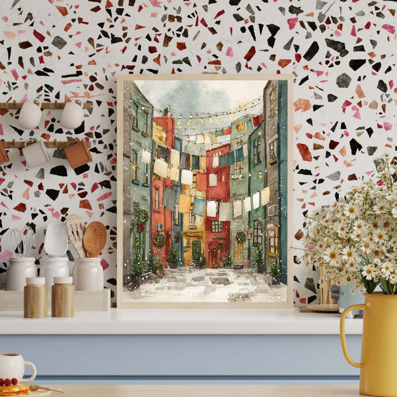 European Christmas Laundry Street – Watercolor Winter Laundry Room Decor Canvas Wall Art