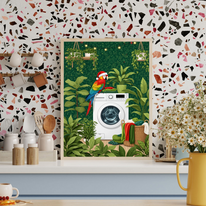 Festive Christmas Parrot – Lush Greenery Laundry Room Decor Canvas Wall Art