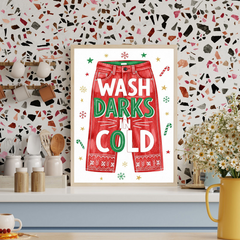 Festive Laundry Reminder – Wash Darks In Cold, Christmas Laundry Room Decor Canvas Wall Art