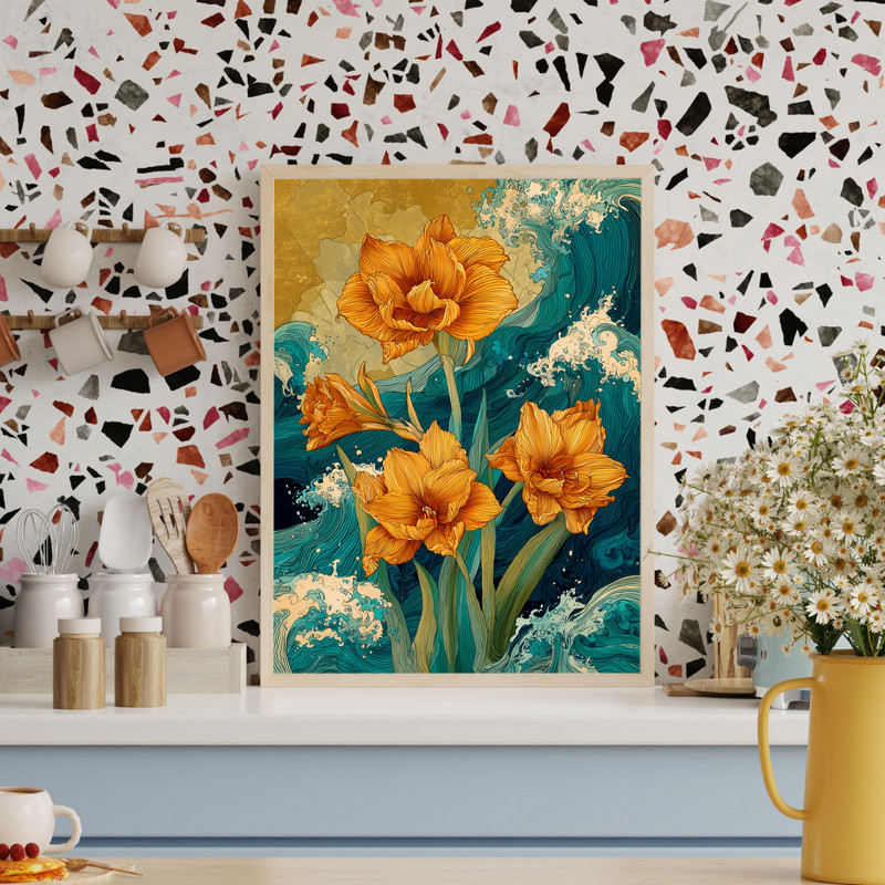 Golden Sky Amaryllis, Dynamic Wave-Inspired Canvas Wall Art