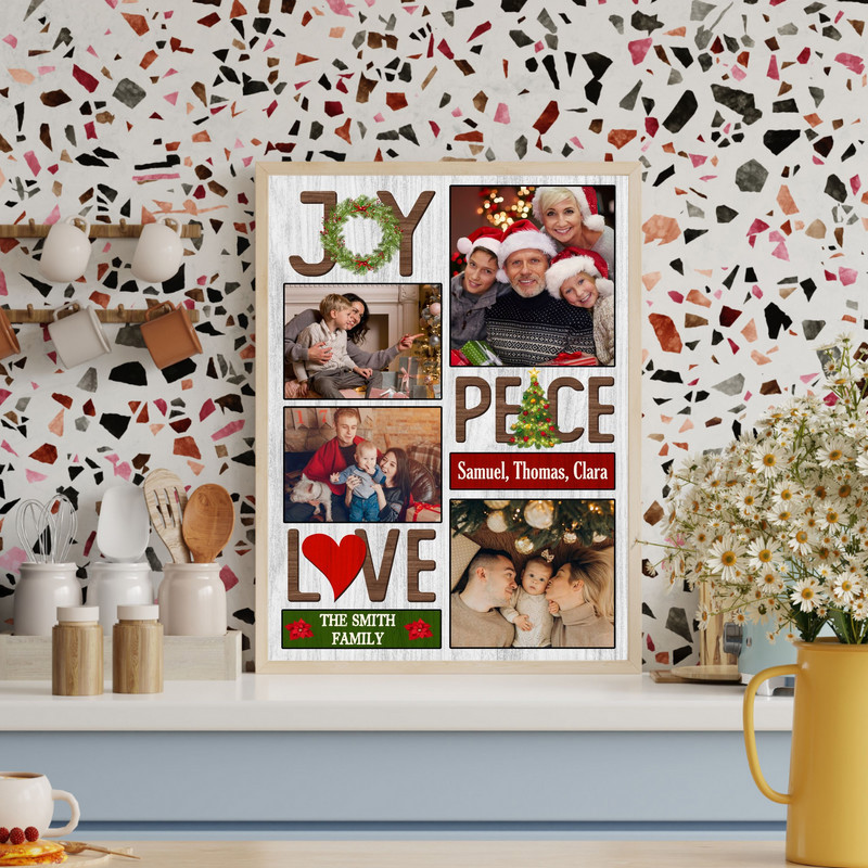 Joy Love Peace personalized Christmas photo collage canvas, landscape layout, red and green plaid accents, family name, year