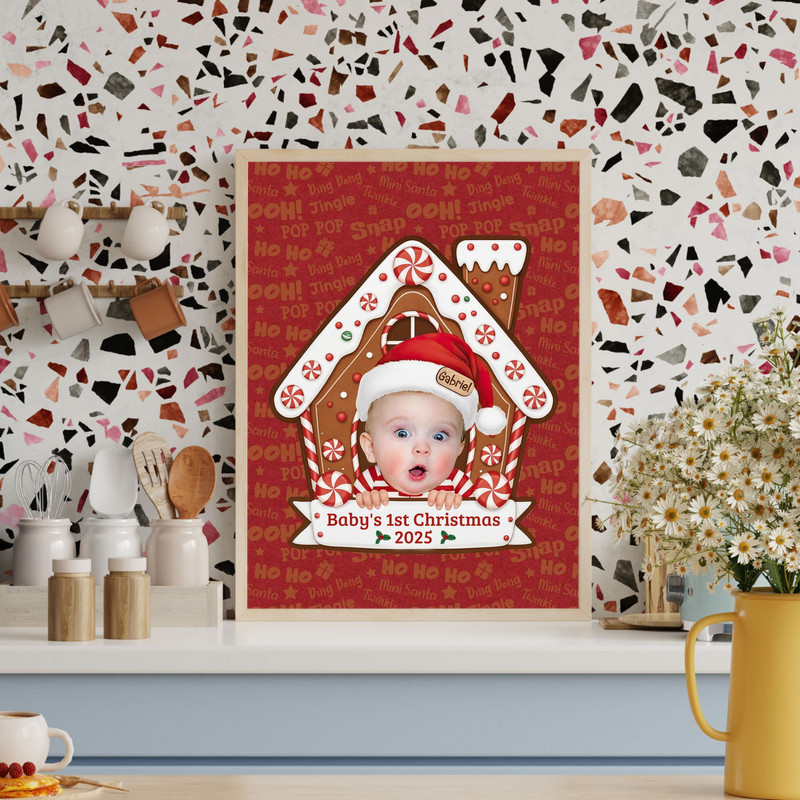Baby’s First Christmas canvas wall art, cute gingerbread house design, with custom baby face and name, nursery holiday decor