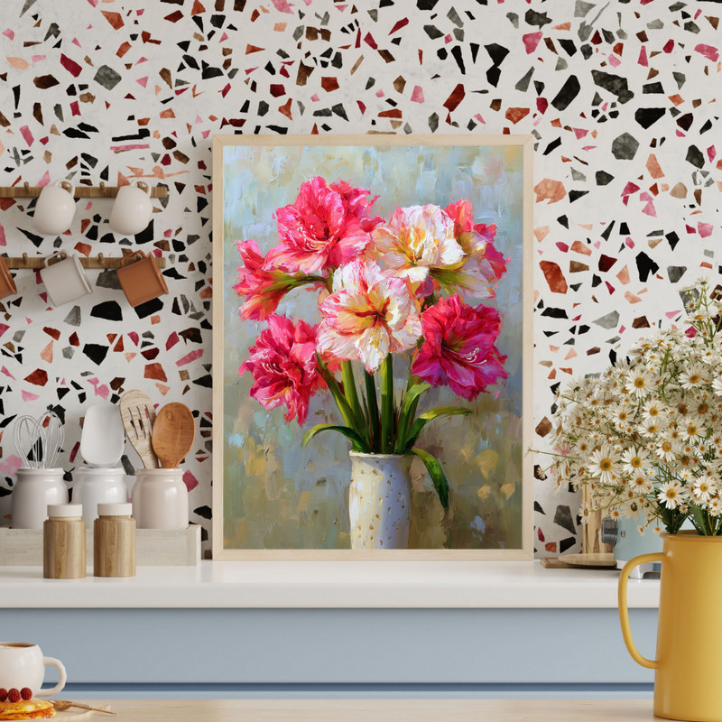 Pink & Cream Amaryllis, Fine Art Oil Painting Canvas Wall Art