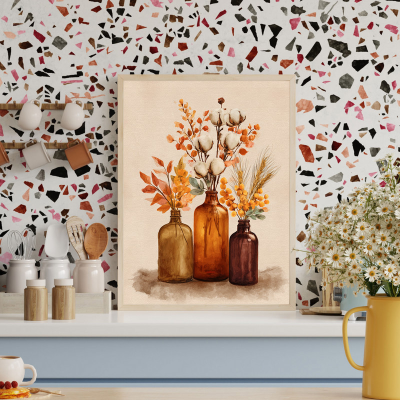 Thanksgiving Watercolor Amber Bottles – Fall Floral Laundry Room Decor Canvas Wall Art