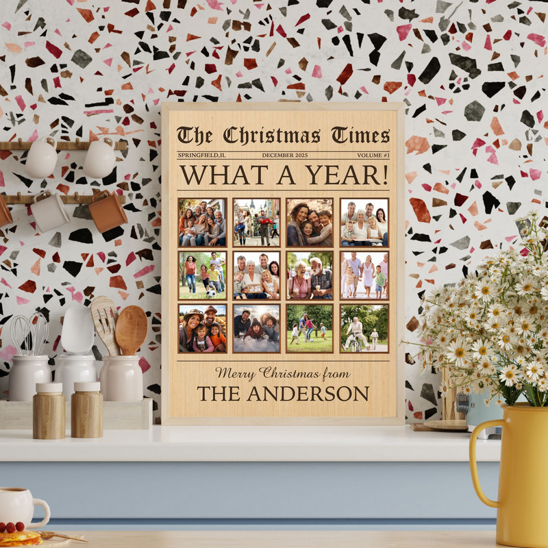 Christmas canvas wall art - vintage newsprint layout photo collage, personalized family names and year, portrait orientation Christmas canvas wall art - vintage newsprint layout photo collage, personalized family names and year, portrait orientation