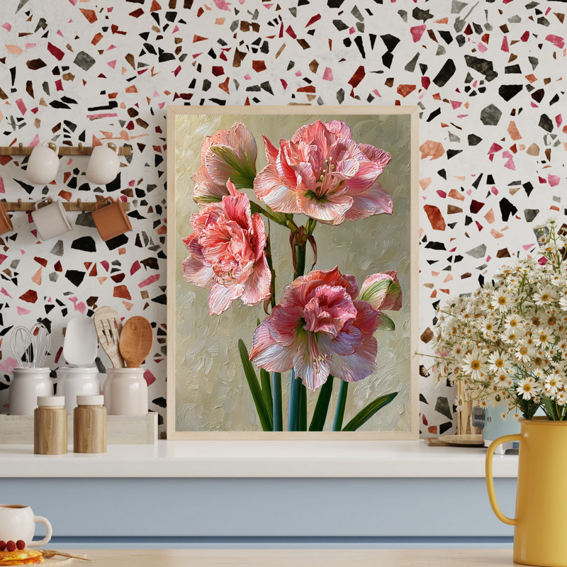 Vintage Botanical Amaryllis, Pink & Coral Illustration Canvas Wall Art