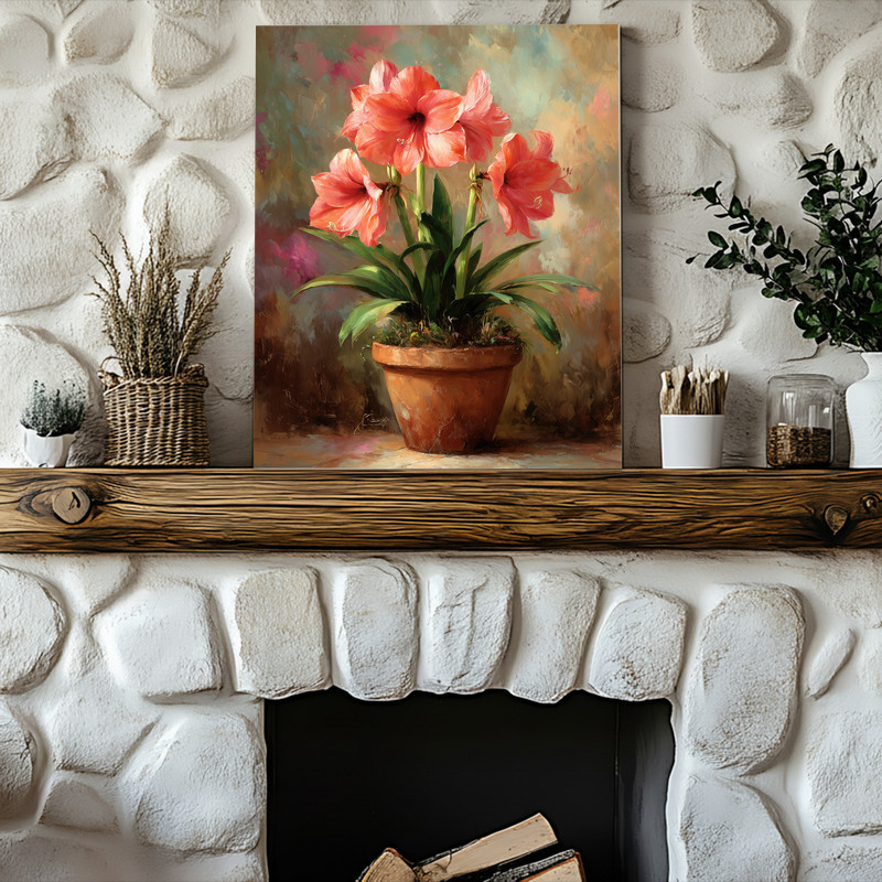 Amaryllis In Terracotta Pot, Rustic Oil Painting Canvas Wall Art