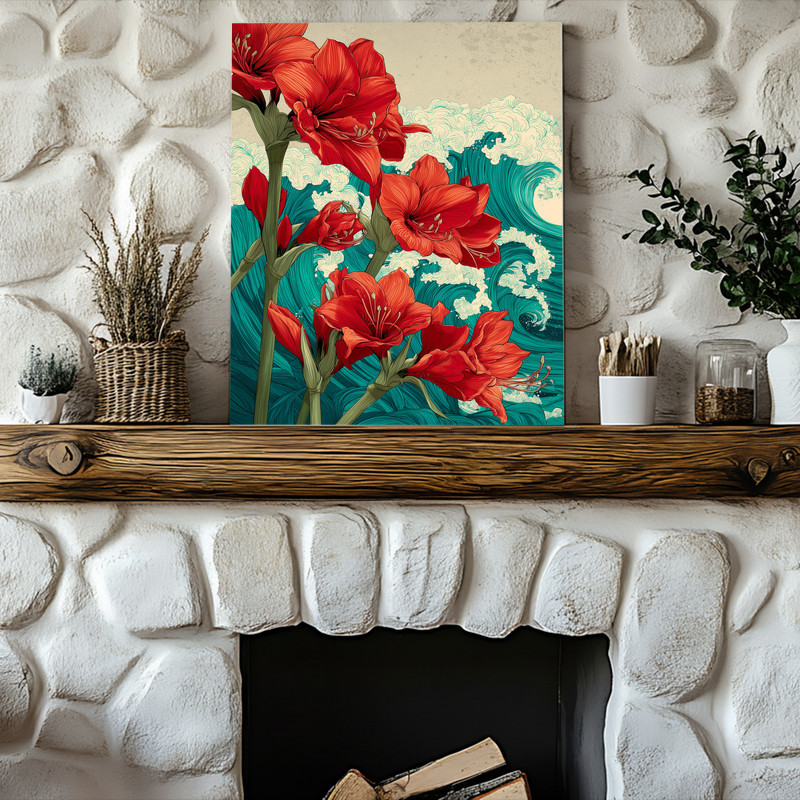 Amaryllis & Ocean Waves, Japanese-Inspired Floral Art Canvas Wall Art