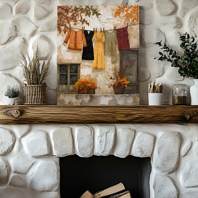 Autumn Clothesline – Rustic Thanksgiving Laundry Room Decor Canvas Wall Art
