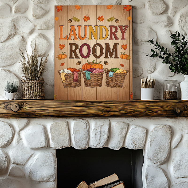 Autumn Harvest Laundry Room – Rustic Baskets, Pumpkins & Leaves, Farmhouse Laundry Room Decor Canvas Wall Art
