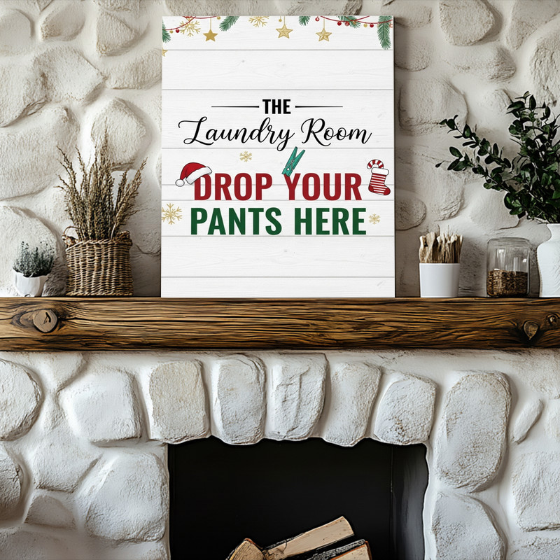 Christmas Laundry Room Decor – Drop Your Pants Here Holiday Sign Canvas Wall Art