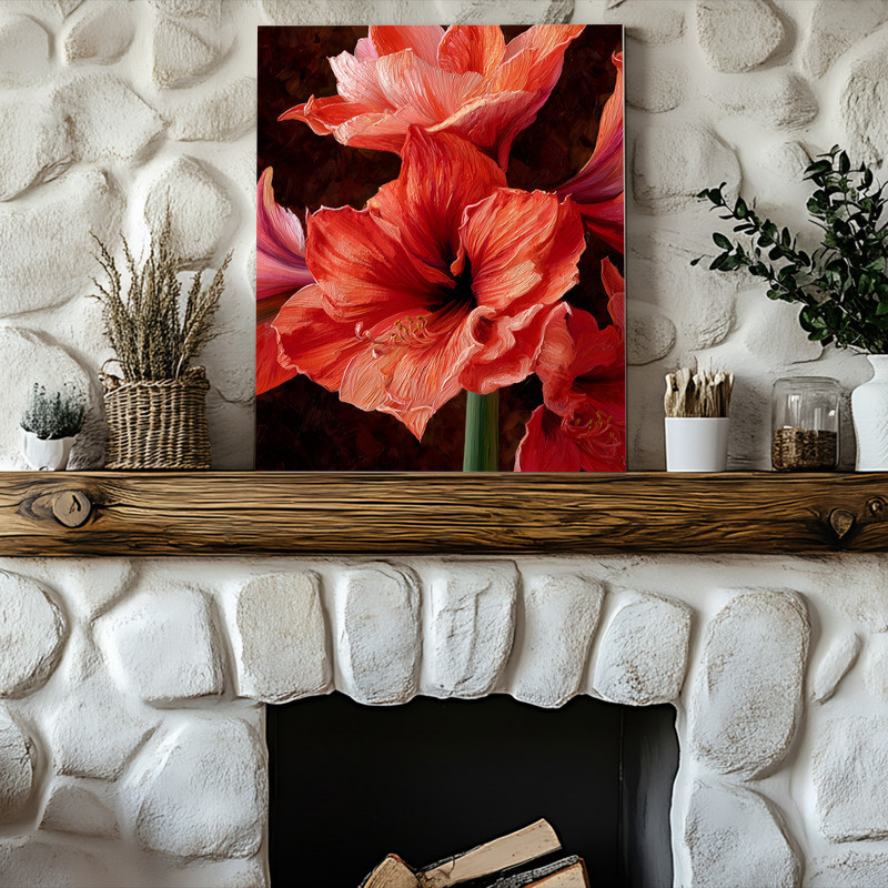 Coral Amaryllis Bloom, Dramatic Oil Painting Canvas Wall Art