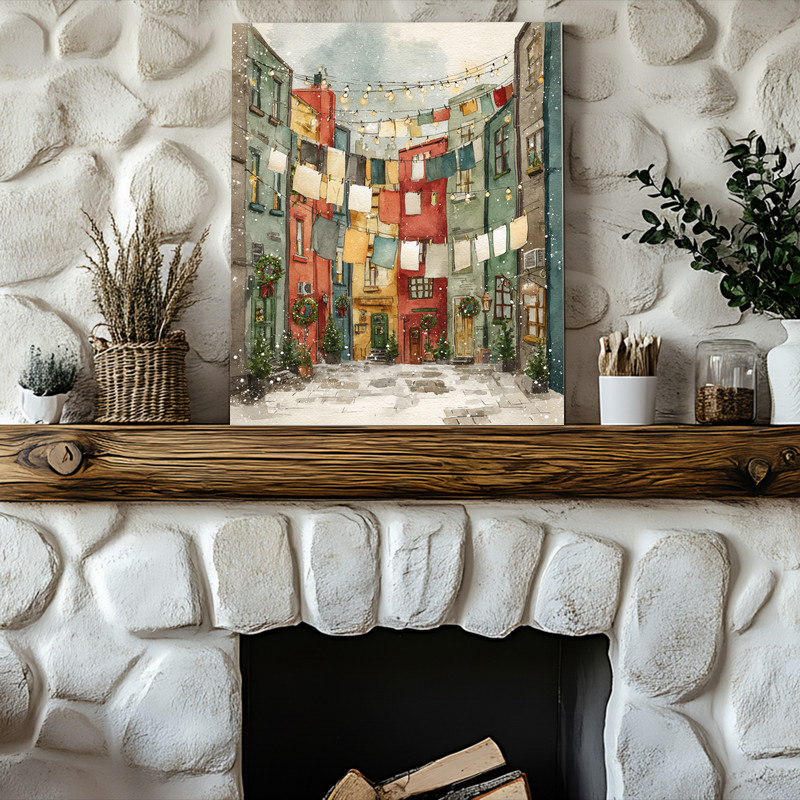 European Christmas Laundry Street – Watercolor Winter Laundry Room Decor Canvas Wall Art