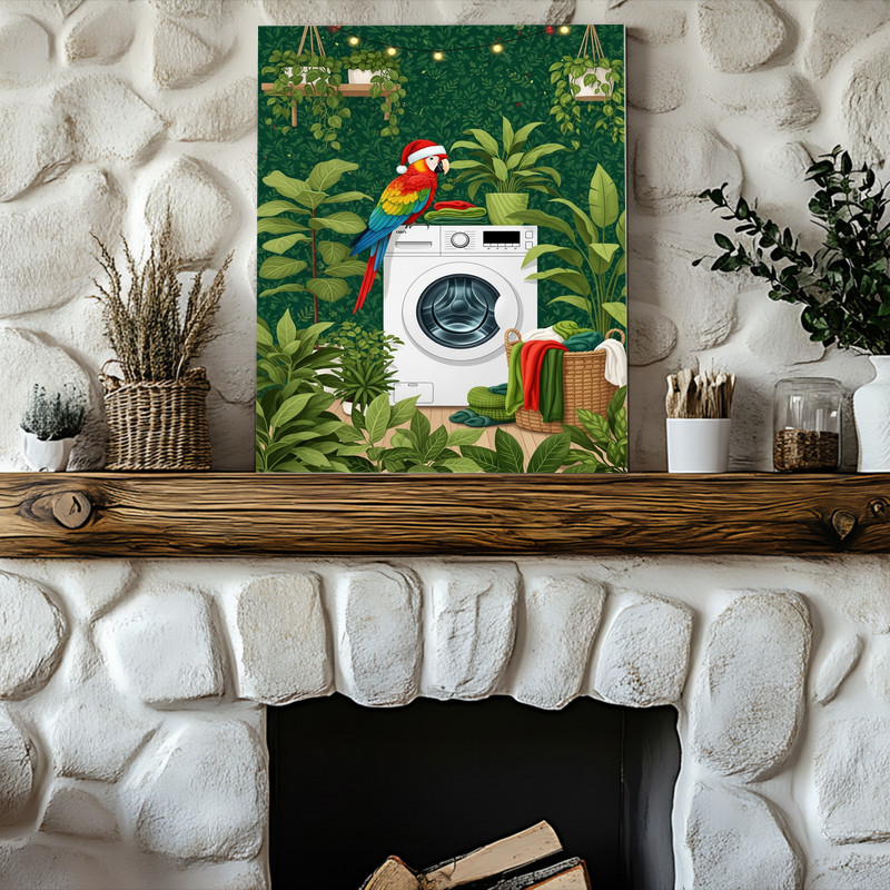 Festive Christmas Parrot – Lush Greenery Laundry Room Decor Canvas Wall Art
