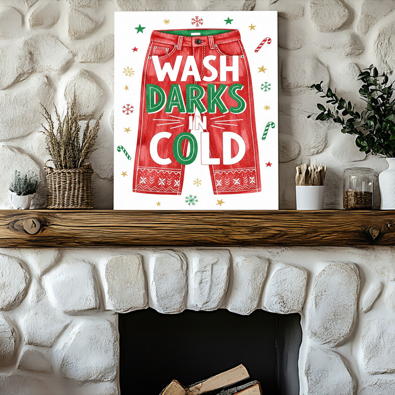 Festive Laundry Reminder – Wash Darks In Cold, Christmas Laundry Room Decor Canvas Wall Art