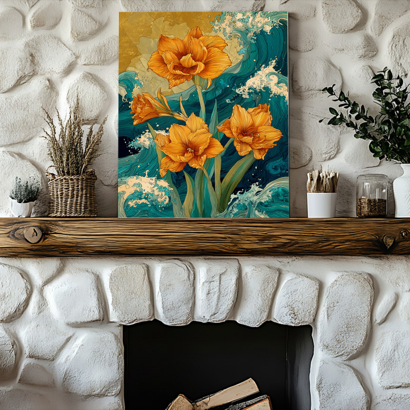 Golden Sky Amaryllis, Dynamic Wave-Inspired Canvas Wall Art