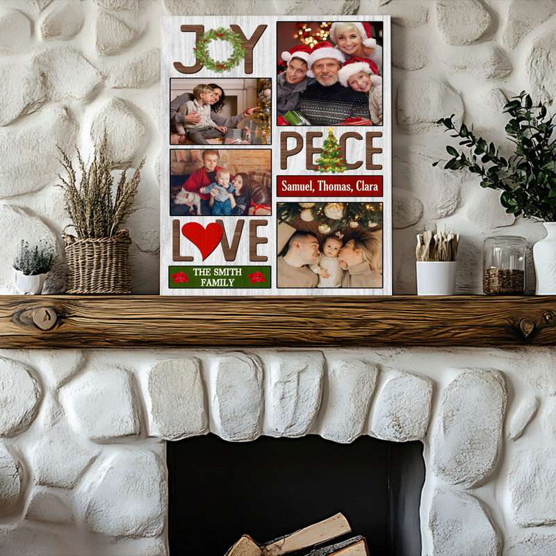 Joy Love Peace Christmas photo collage canvas, portrait layout with linen texture, nine-photo grid for living room mantel
